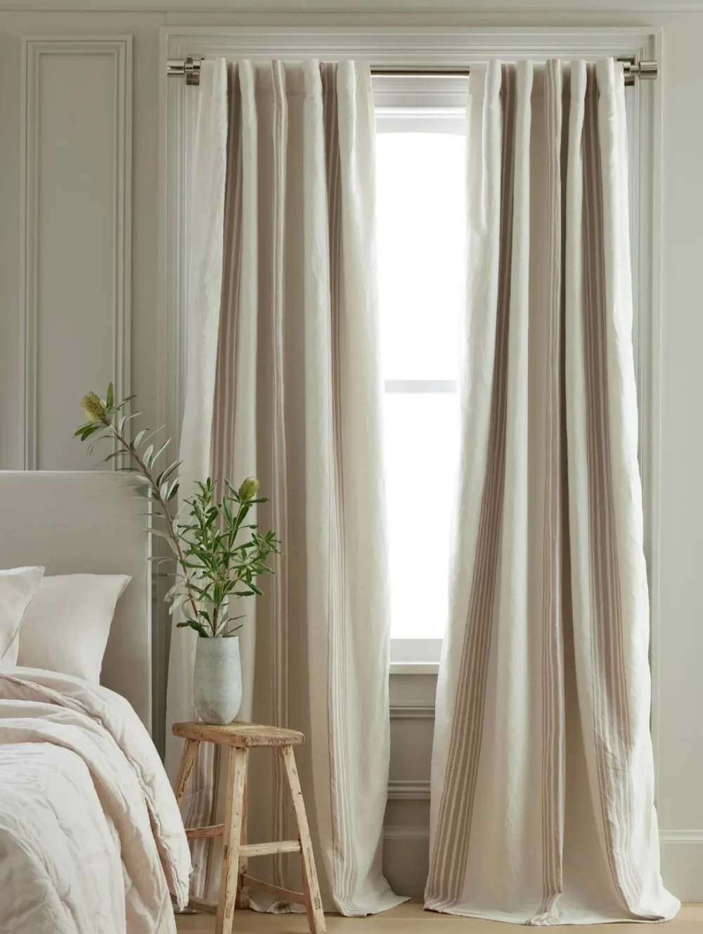 1Quince Coastal Stripe Linen Cotton Room Darkening Curtain 48x108 Ivory Natural